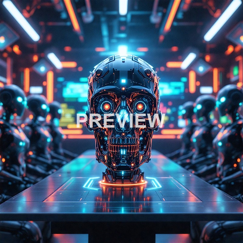 A futuristic setting with a metallic skull with glowing blue and orange accents at the center, surrounded by rows of humanoid robots in a high-tech environment with vibrant neon lights and digital screens.